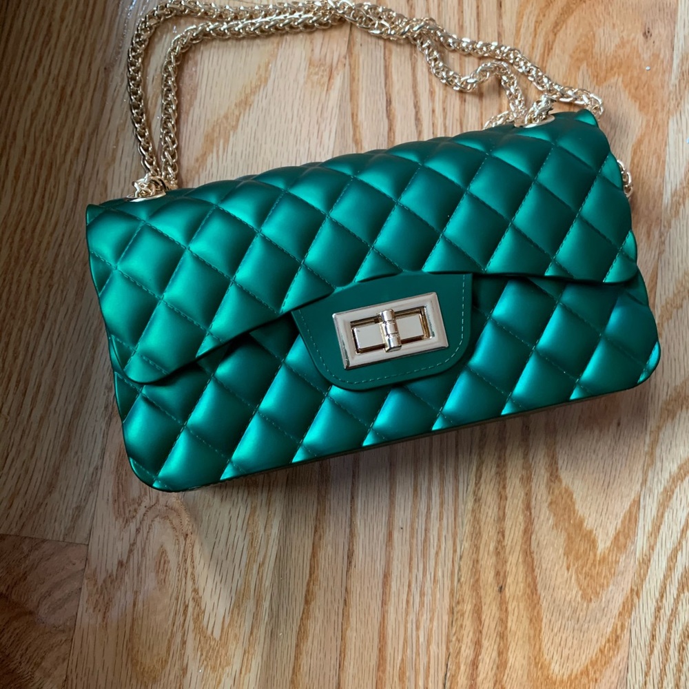 Emerald Quilted Gold Chain Clutch